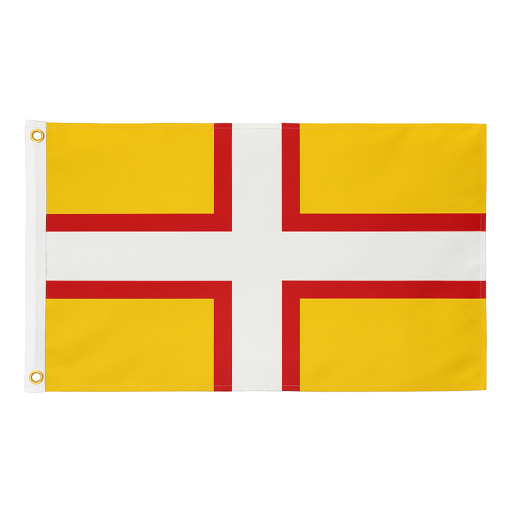 Dorset novelty flag featuring a red and white cross on a golden-yellow background, displayed with brass eyelets and white heading tape.