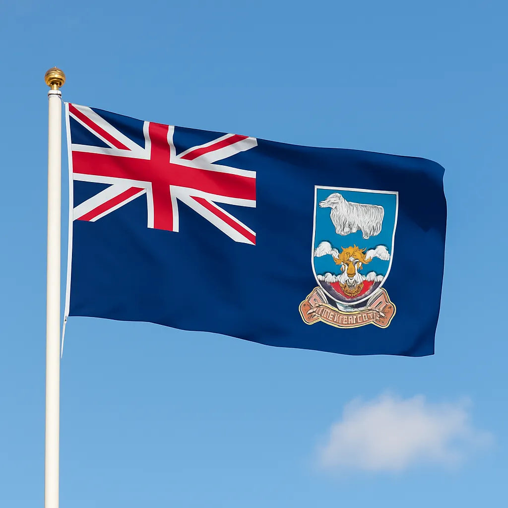 Premium sewn Falkland Islands flag with Union Jack and coat of arms, heavy-duty woven polyester for external flagpoles