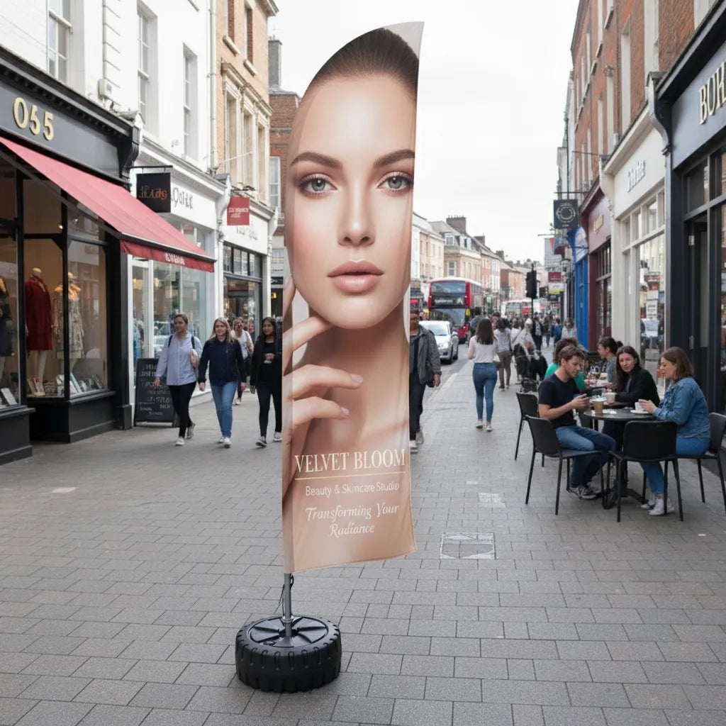 Street scene with a Feather Flag` featuring a woman's face and product name.