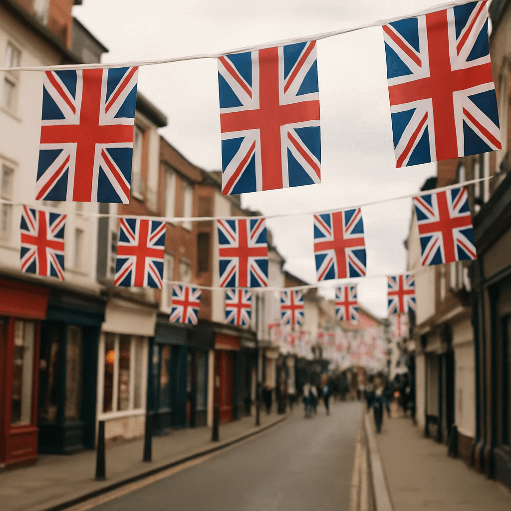 Street scene with British flags hanging above a town street
