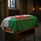 Casket draped with a green and white cloth flag featuring a red dragon emblem in a dimly lit room.
