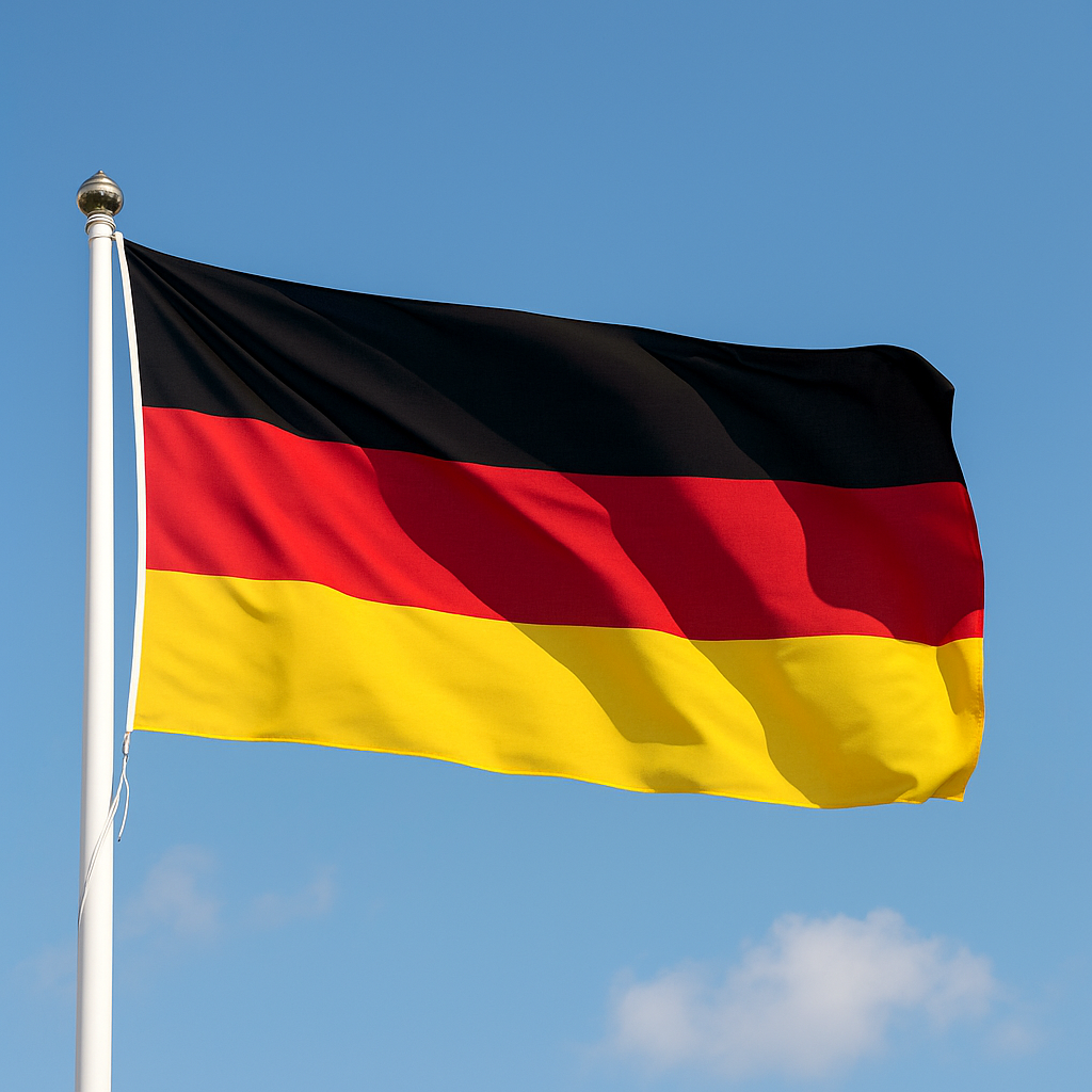 German flag waving against a clear blue sky