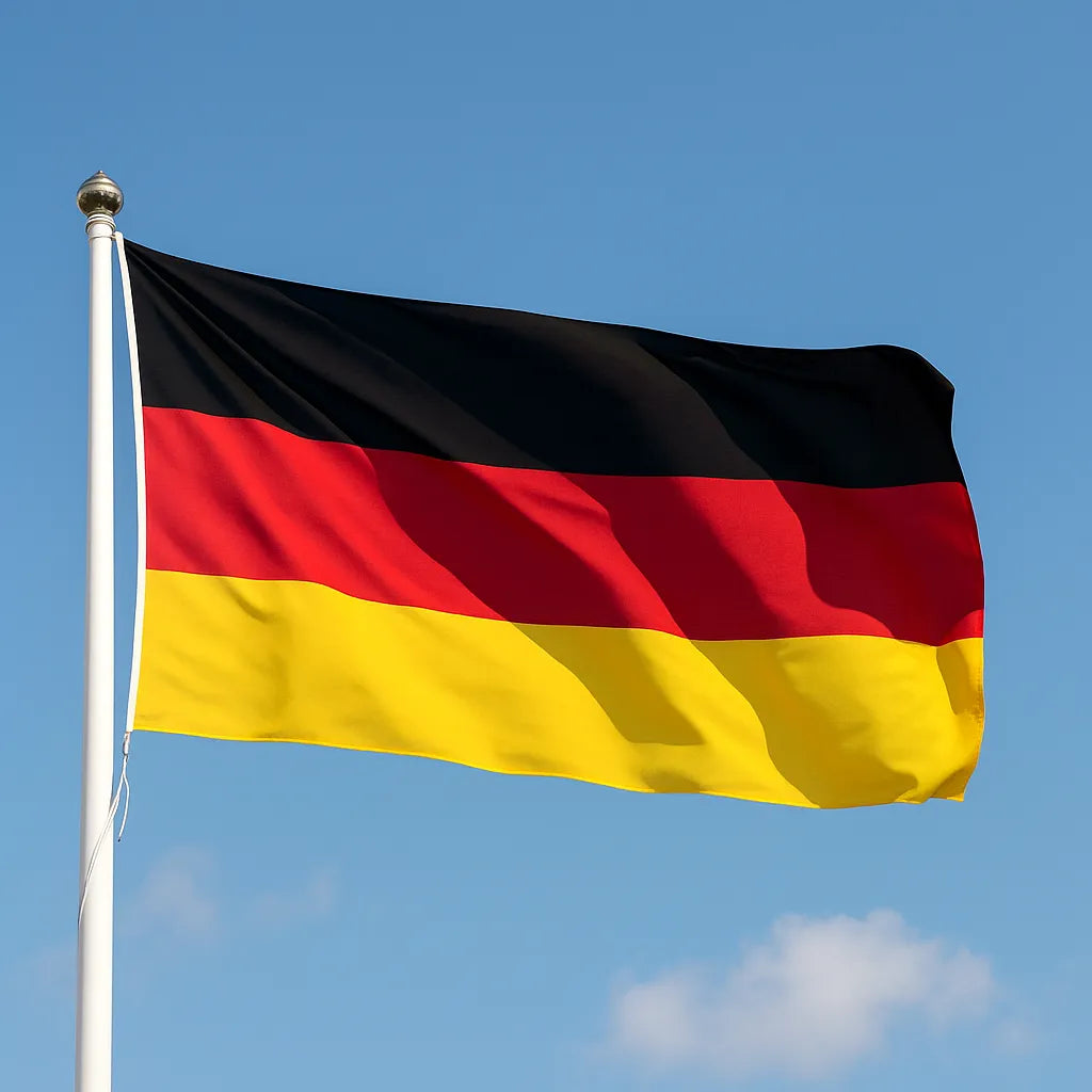 German flag waving against a clear blue sky