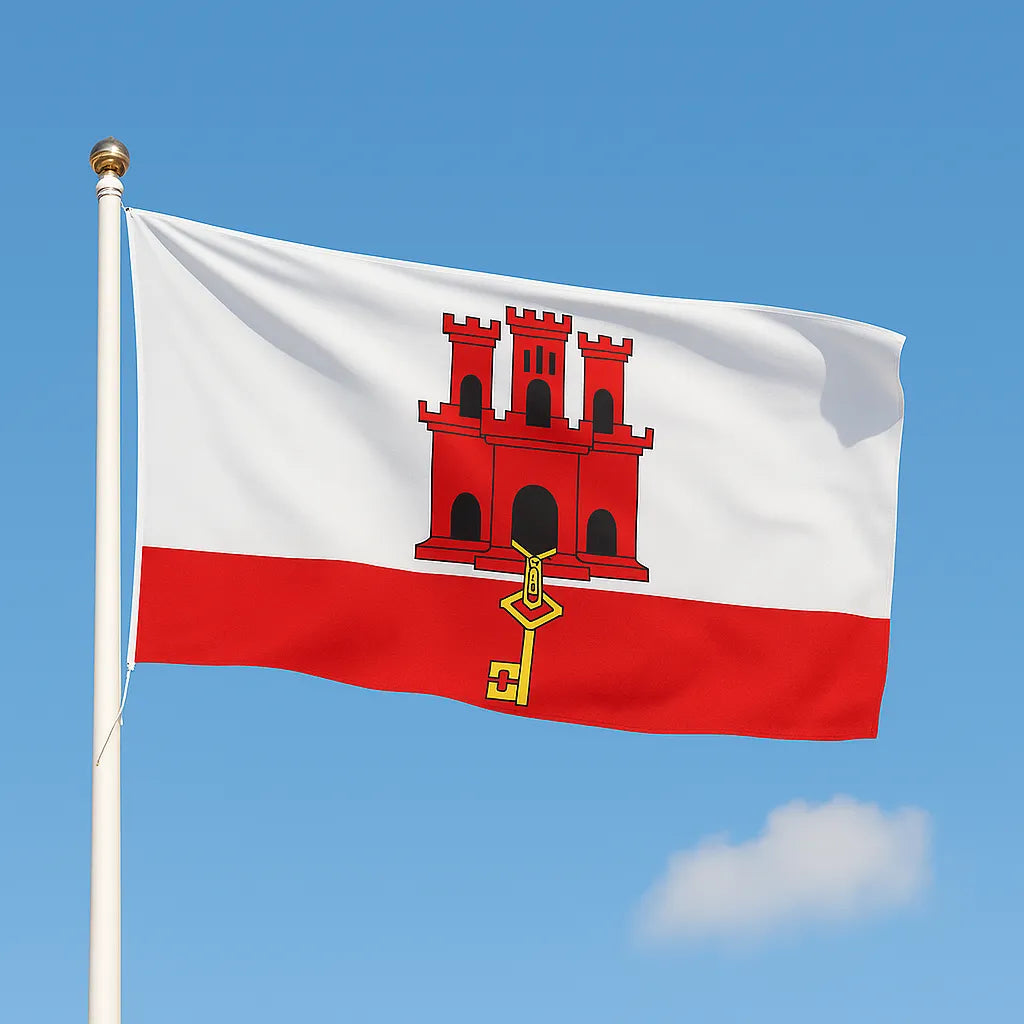 Premium sewn Gibraltar flag with red castle and golden key, heavy-duty woven polyester for external flagpoles