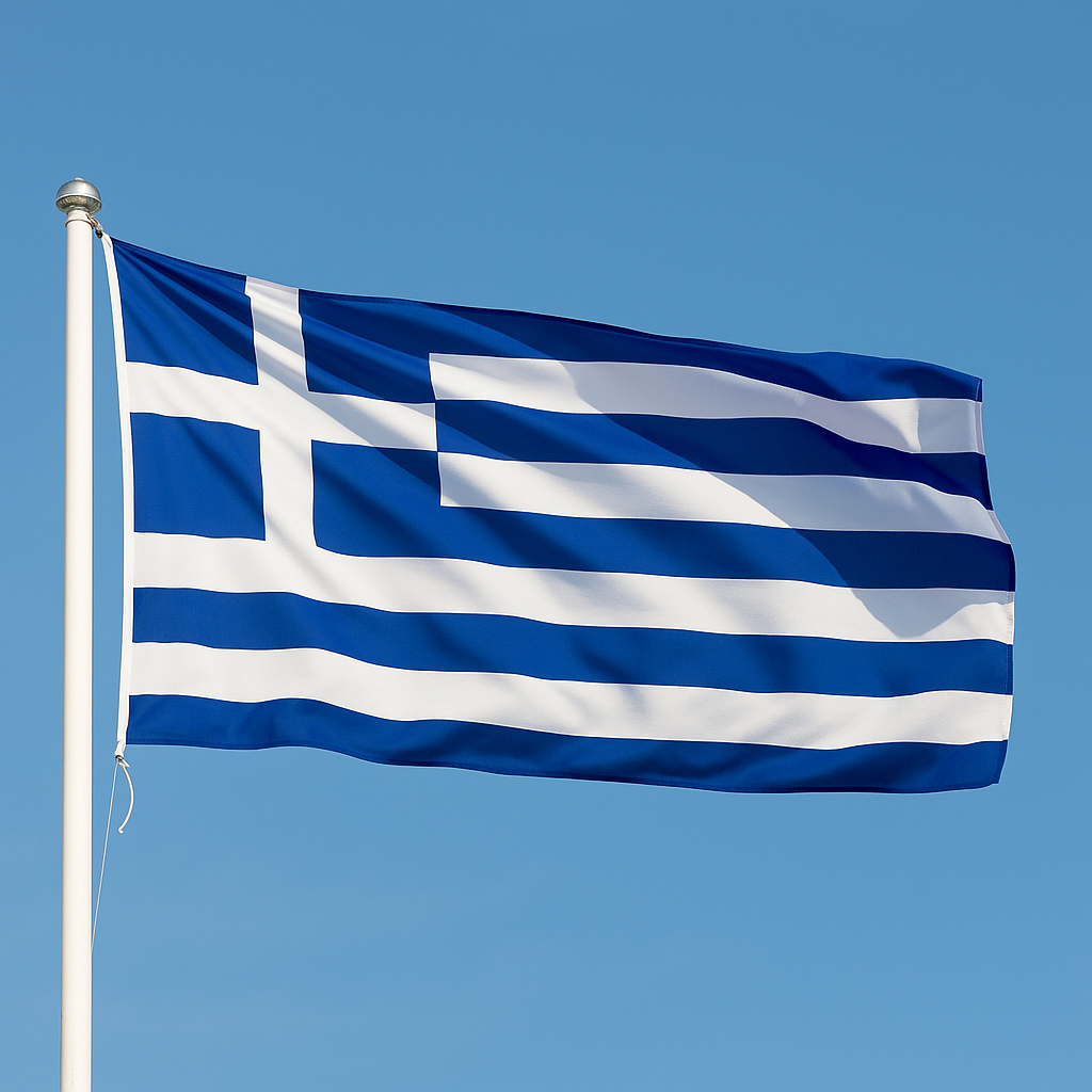 Greek flag waving against a clear blue sky