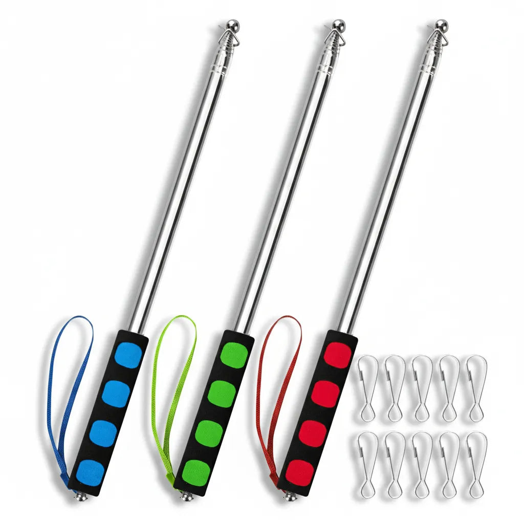 Three telescopic flagpoles with colourful ends and additional components on a white background
