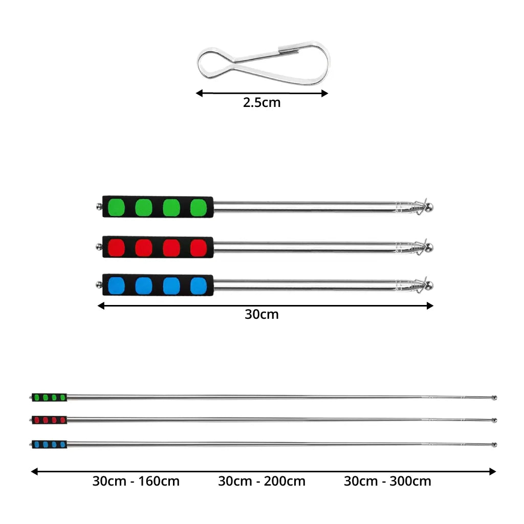 Set of metal telescopic flagpoles with coloured ends and measurement labels on a white background