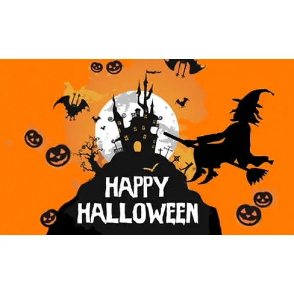 Halloween-themed design with a witch, pumpkins, bats, and a castle on an orange background.