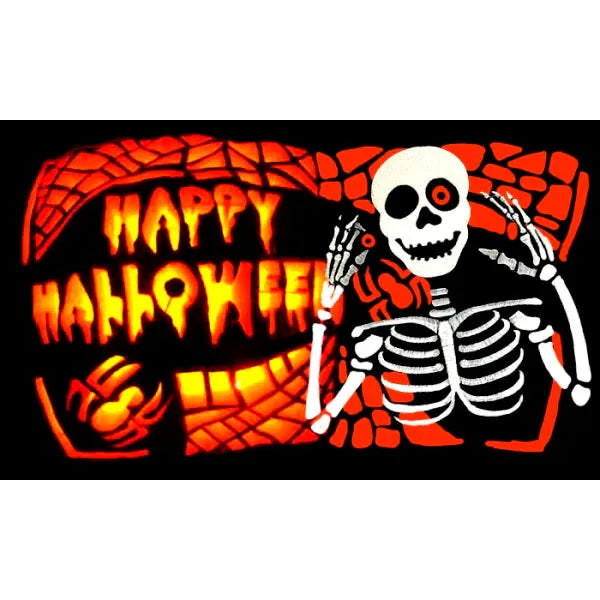 Halloween-themed design with skeleton and 'Happy Halloween' text on a black background.