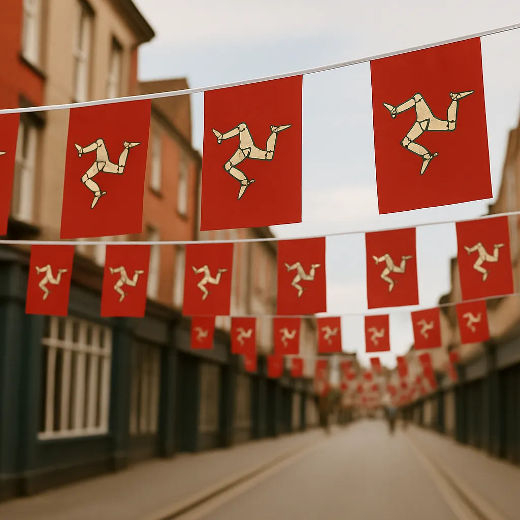 Isle of man flag bunting flying in a high street.