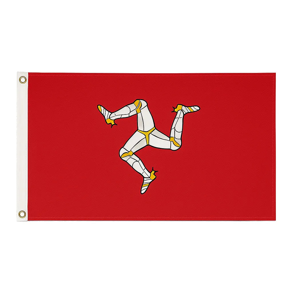 Isle of Man novelty flag featuring a red field with the triskelion emblem of three armoured legs, displayed with brass eyelets and white heading tape.