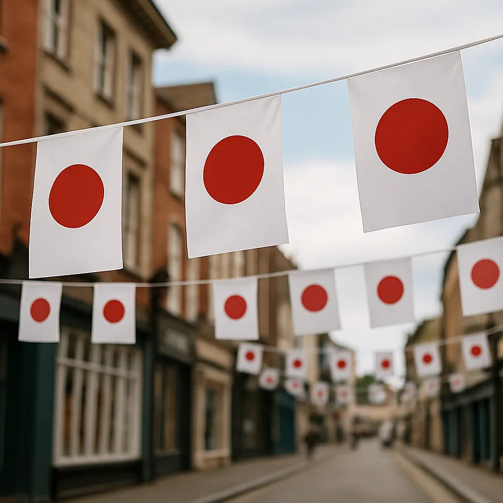 Japan flag bunting on a high street