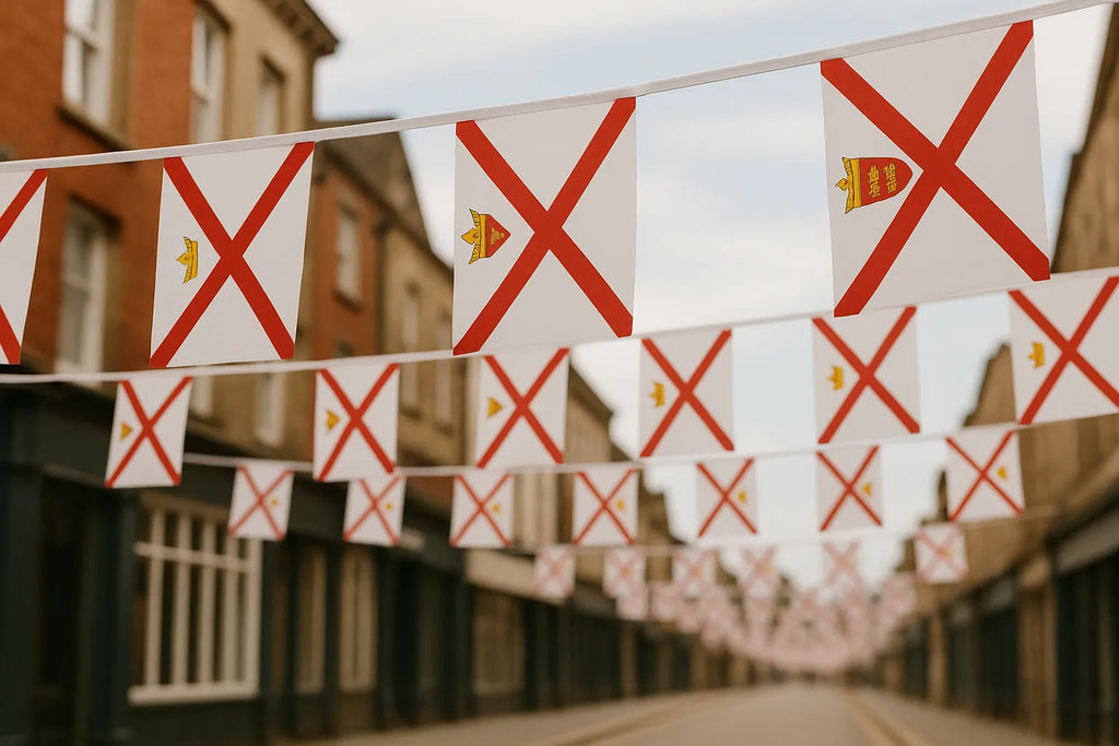 String of flags with red crosses on white background hanging above a street.