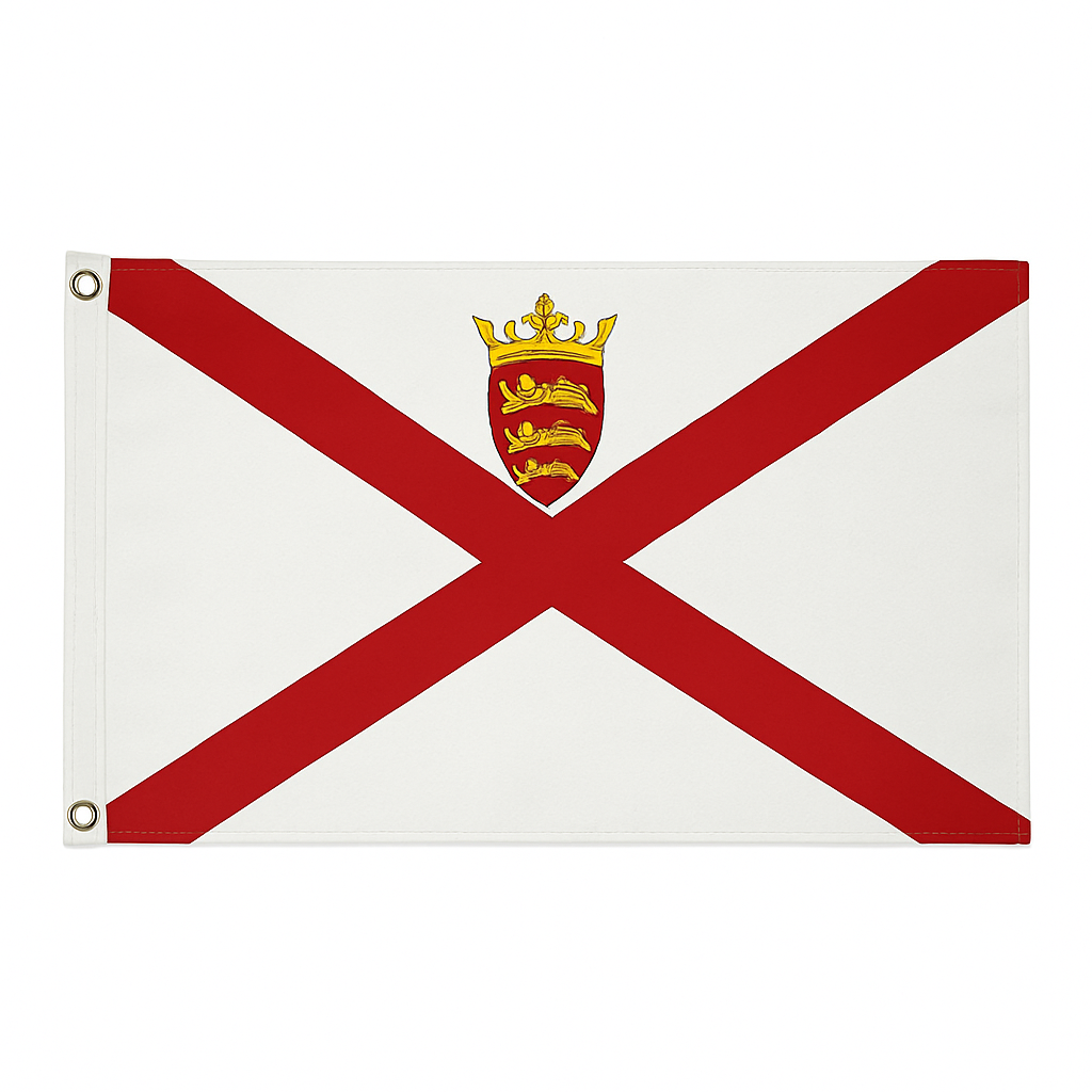 Jersey novelty flag with red saltire cross and crest with crown.