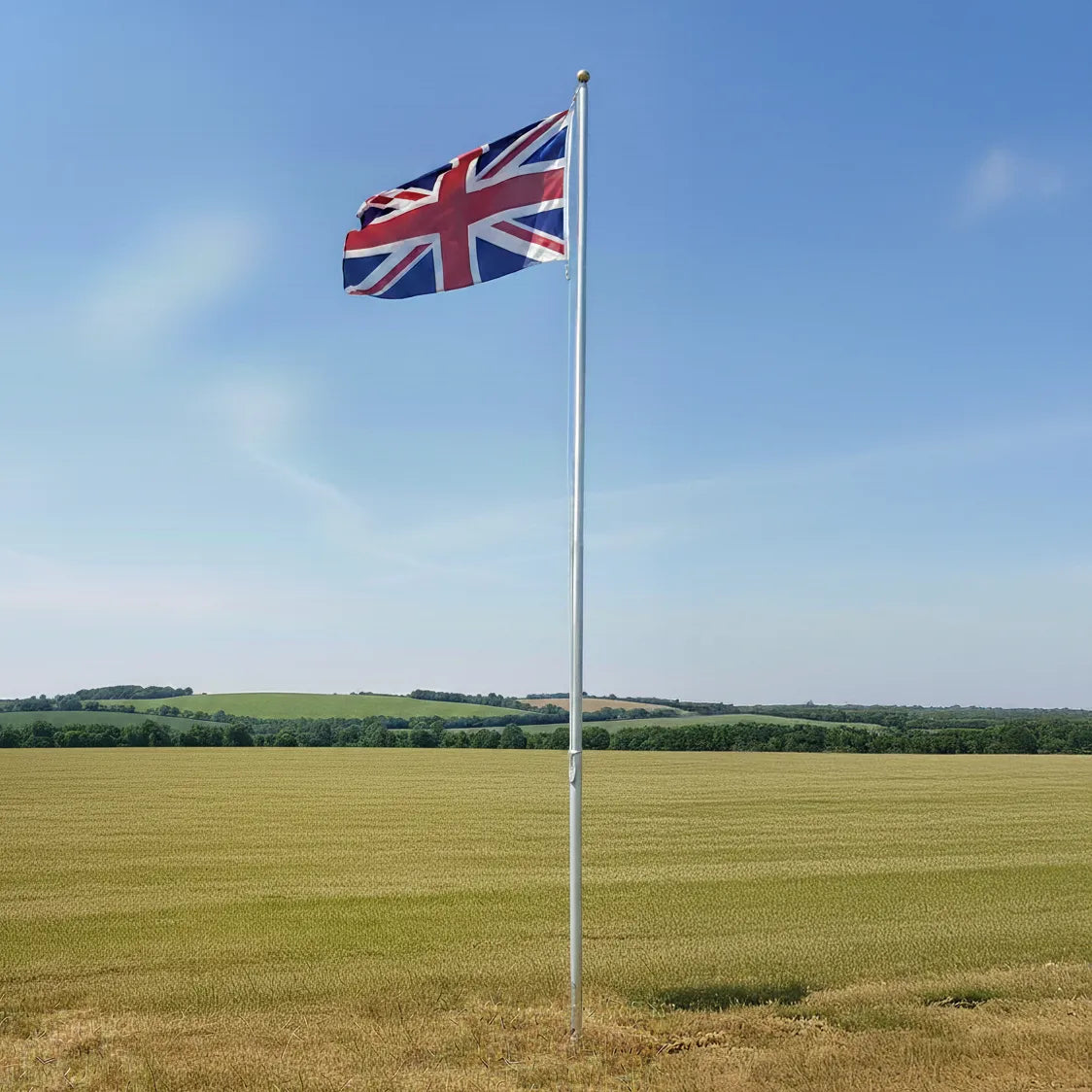 Union Jack flag on a cheap flagpole against a clear blue sky with a field and trees in the background.