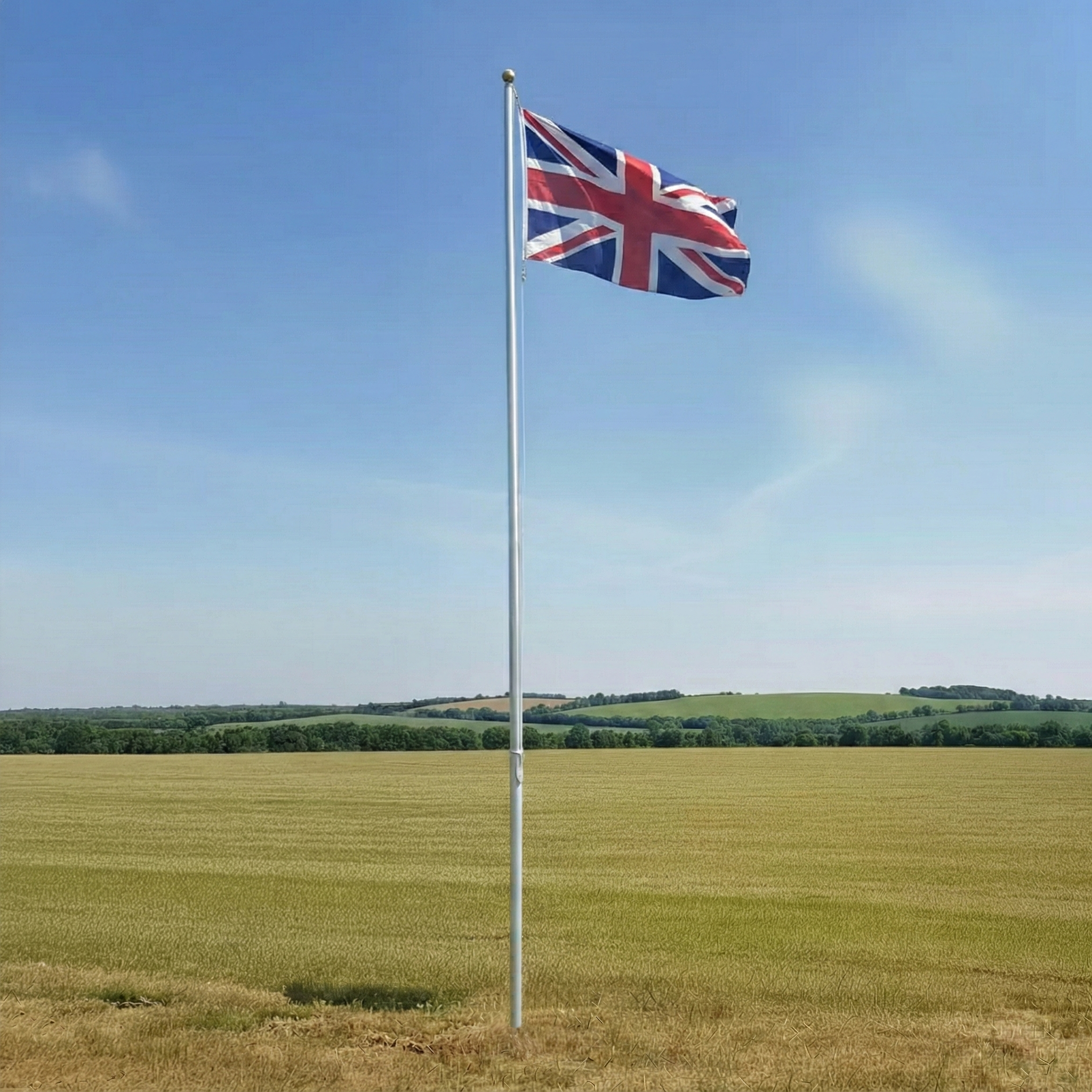 Union Jack flag on a cheap flagpole against a clear blue sky with a field and trees in the background.