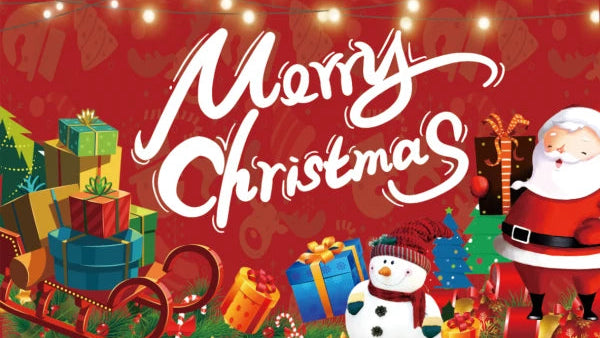 Red Christmas-themed card with Santa Claus, presents, and snowman on a white background