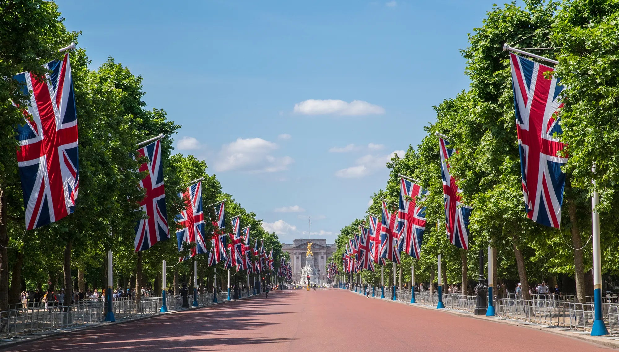 Street lined with British flags on a clear day