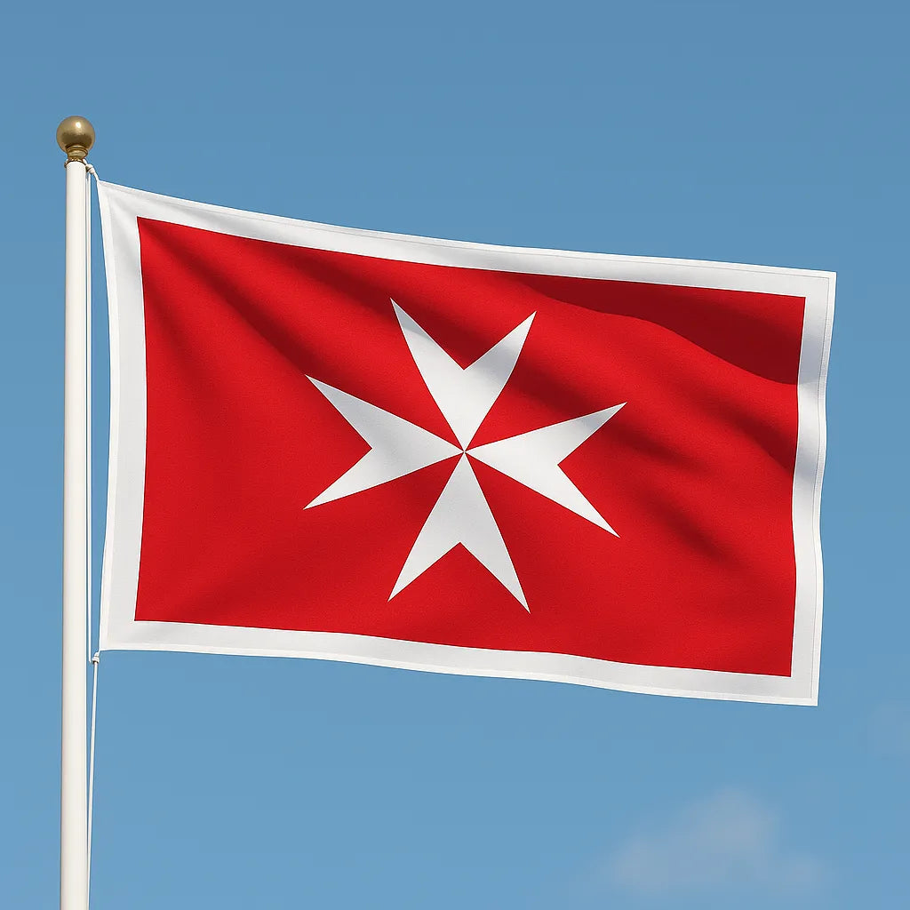 Malta Civil Ensign Flag flying on a flagpole on a sunny day with a blue sky.