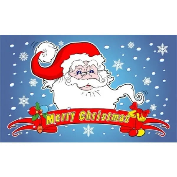 Cartoon Santa Claus with a 'Merry Christmas' banner on a blue background with snowflakes.