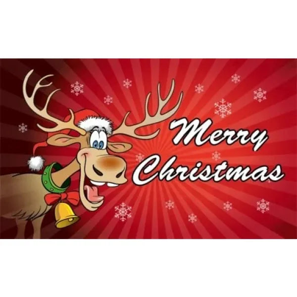 Cartoon reindeer wearing a Santa hat with 'Merry Christmas' text on a red background with snowflakes.