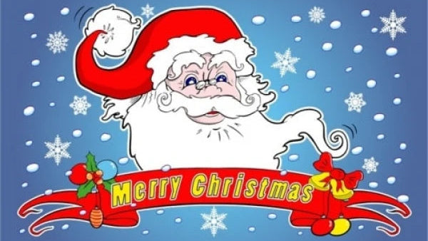 Cartoon Santa Claus with a 'Merry Christmas' banner on a blue background with snowflakes.