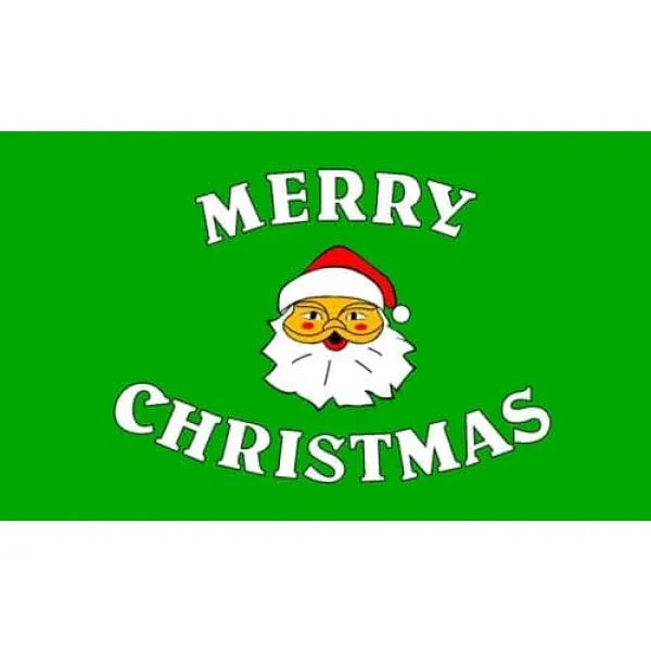 Merry Christmas text with a Santa Claus graphic on a green background
