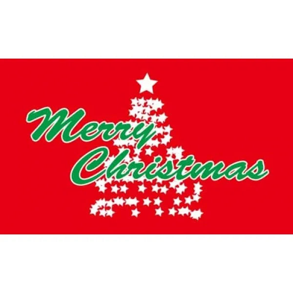 Red background with 'Merry Christmas' text and a white Christmas tree design.