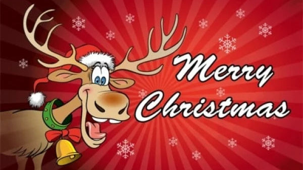 Cartoon reindeer wearing a Santa hat with 'Merry Christmas' text on a red background with snowflakes.
