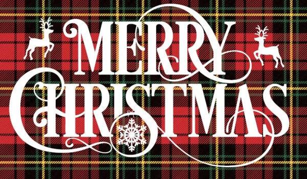 Merry Christmas text on a plaid background with reindeer and snowflake decorations.