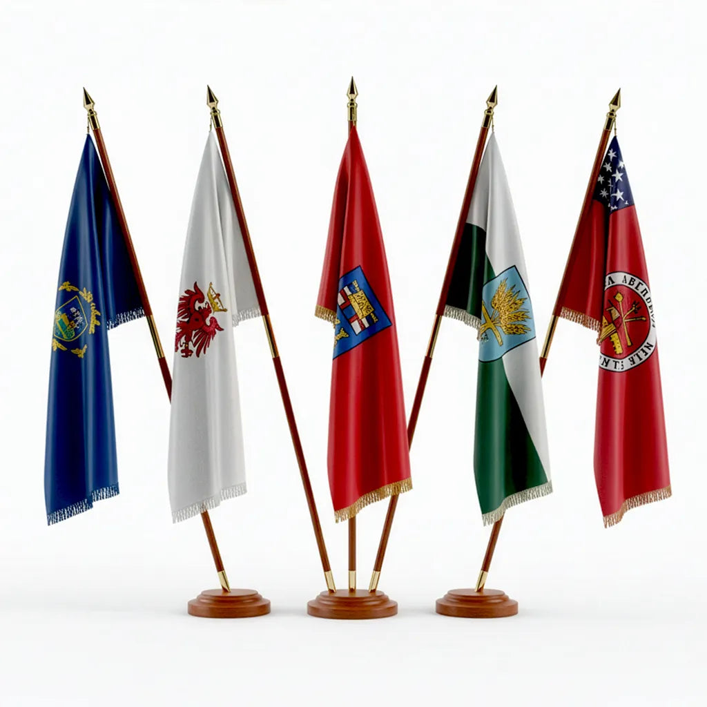 Ceremonial flagpoles with various town and city flags