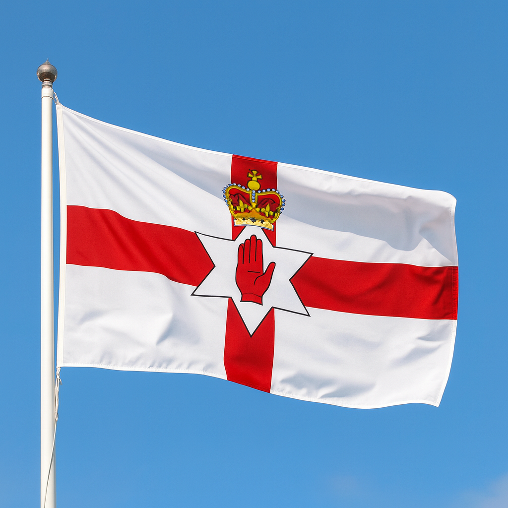Northern Ireland Flag with red and white design against a clear blue sky