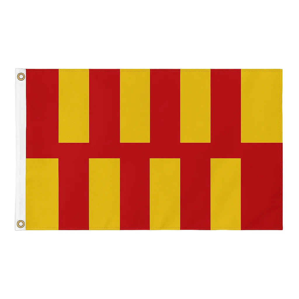 Northumberland novelty flag featuring alternating red and gold stripes with a serrated pattern, displayed with brass eyelets and white heading tape.