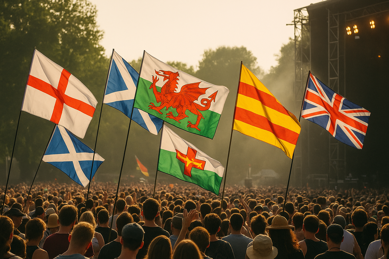 Flags of different countries held by a crowd at an outdoor event