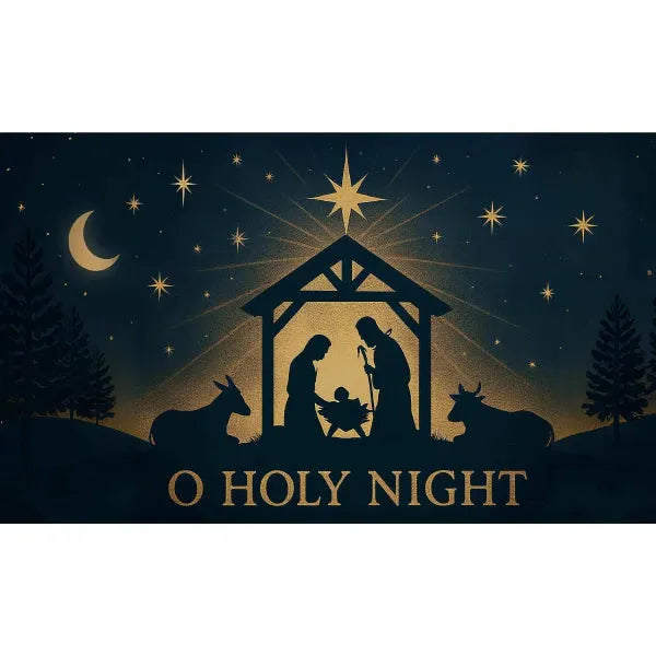 Silhouette of a nativity scene with 'O Holy Night' text against a starry night sky.