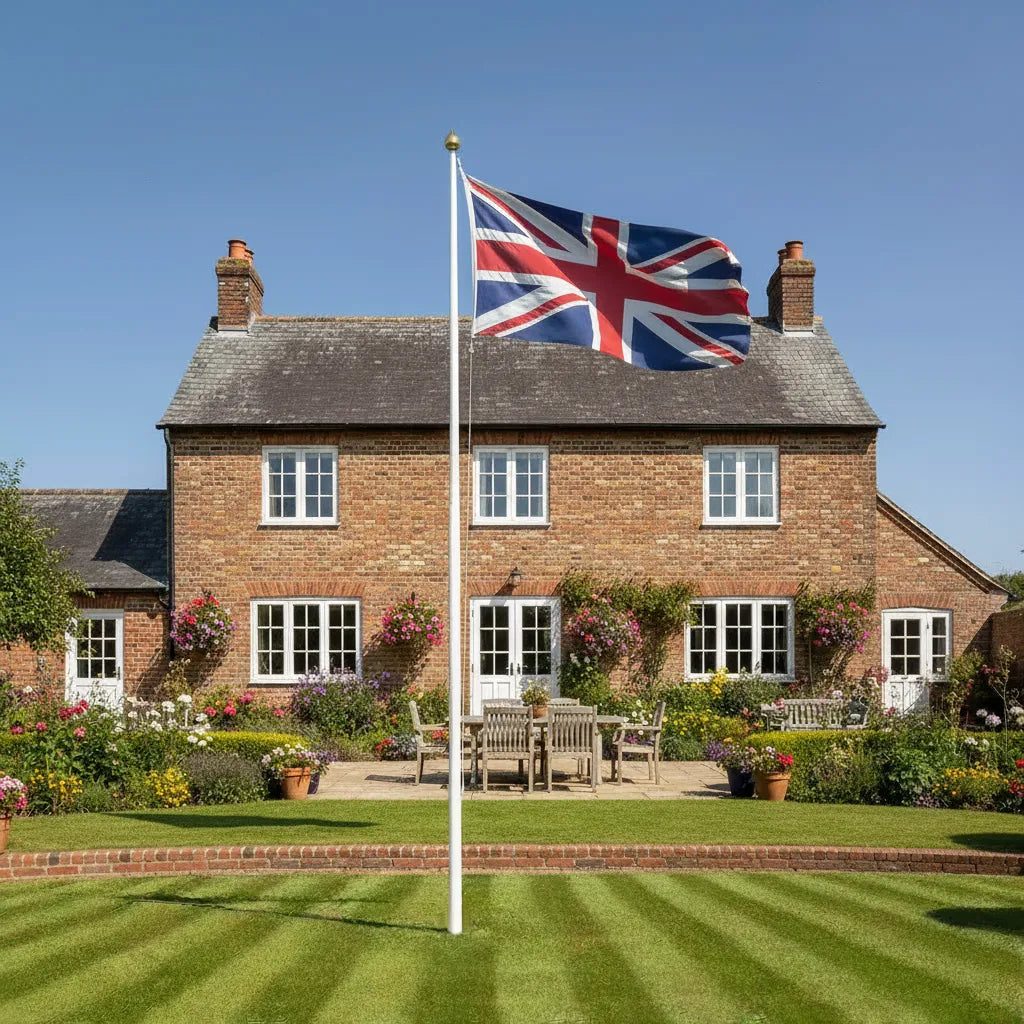 PRO Flagpole with a Union Jack Flag flying in the wind in front of a country home.