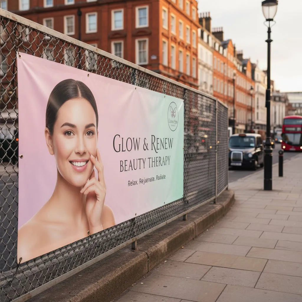 A custom design PVC banner on a fence in London