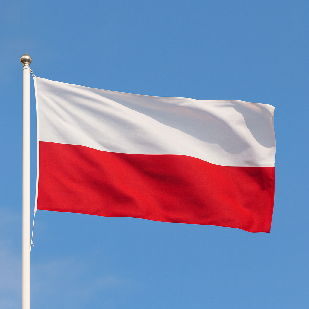 Polish flag waving against a clear blue sky