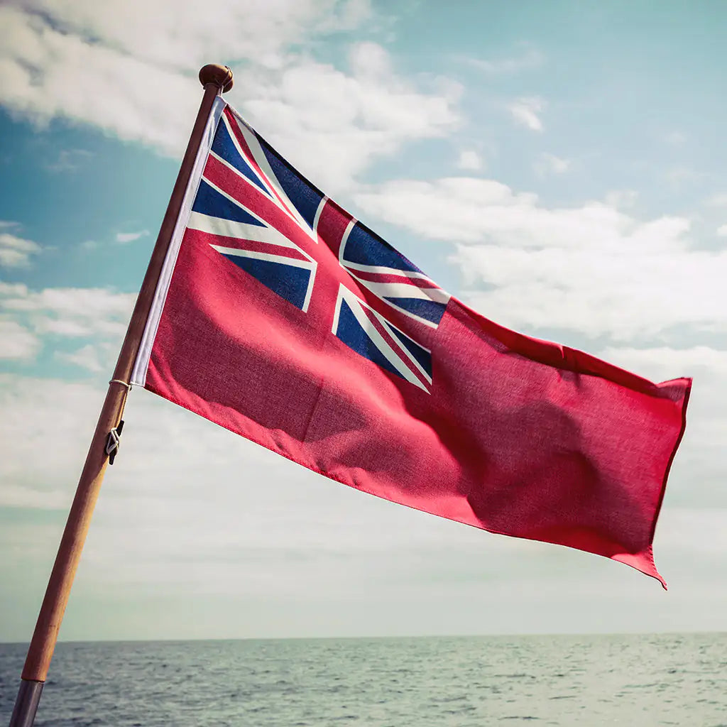 Red Ensign Flag flag being flown on the back of a boat.