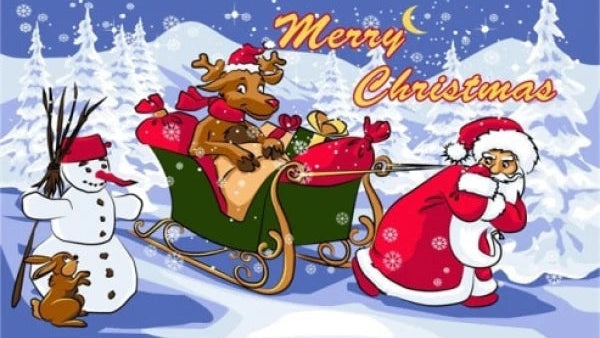 Cartoon Santa Claus in a sleigh with reindeer, snowman, and dog on a snowy landscape with 'Merry Christmas' text.