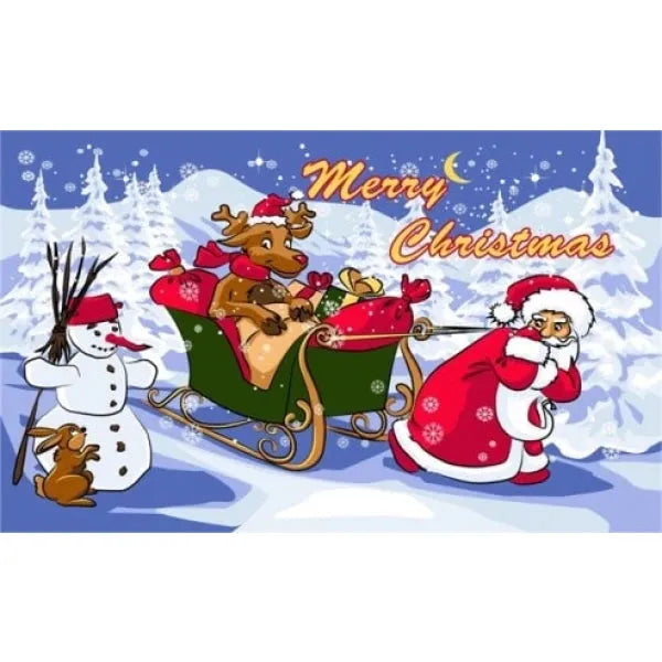 Cartoon Santa Claus in a sleigh with reindeer, snowman, and dog on a snowy landscape with 'Merry Christmas' text.