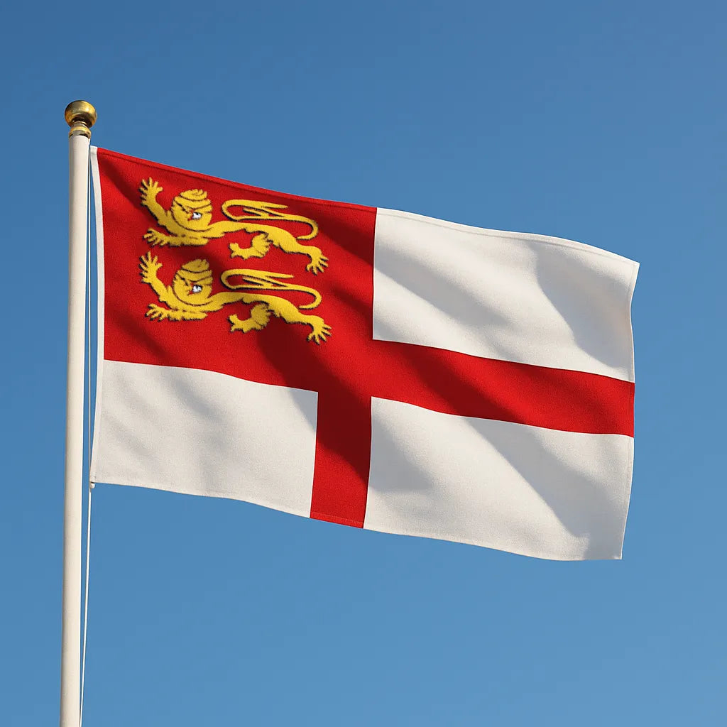 Premium sewn Sark flag with red St George’s cross and gold lions, heavy-duty woven polyester for external flagpoles