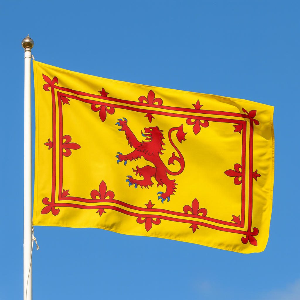Premium sewn Scottish Lion Rampant flag flying on an outdoor flagpole