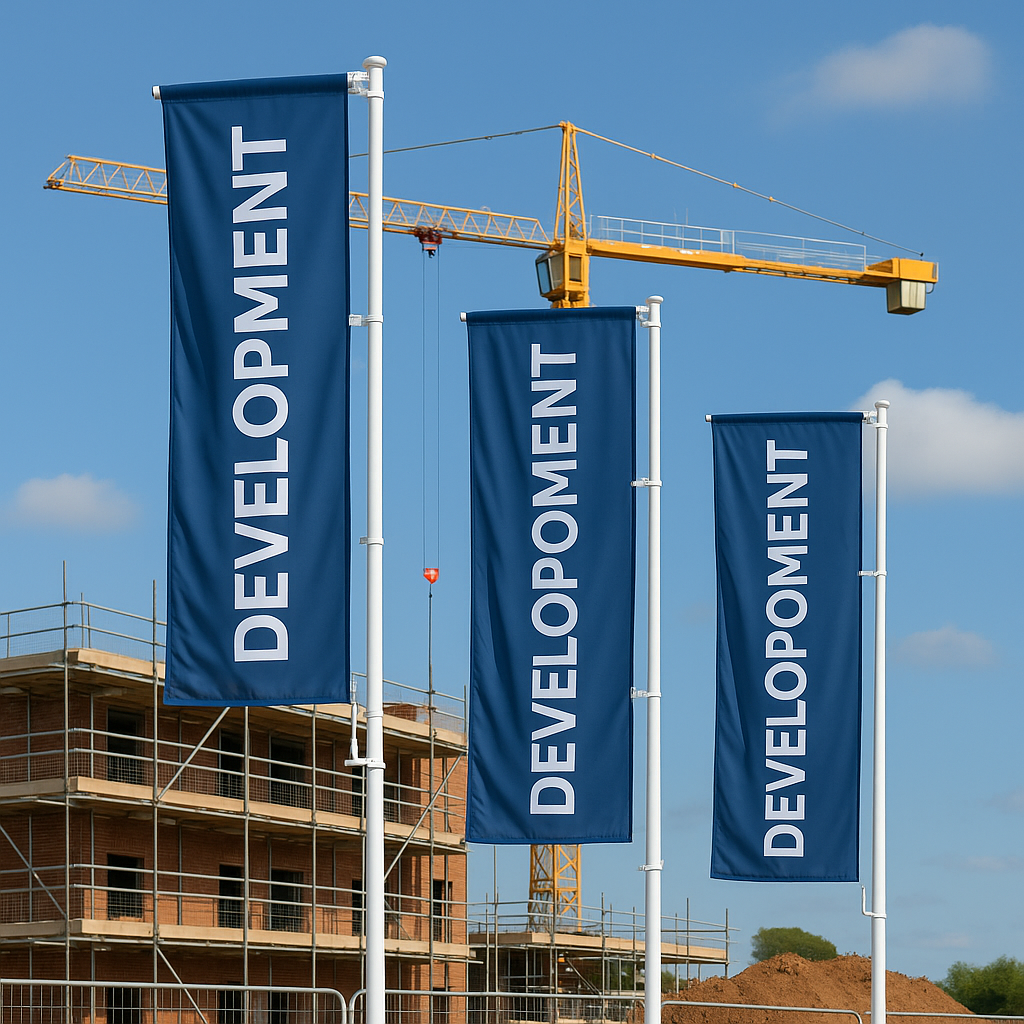 Construction site with three tall white rotating flagpoles displaying vertical blue flags reading ‘Development,’ in front of a brick building under construction and a yellow crane.