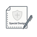 Icon of a shield on a document with a pen, symbolizing special design.
