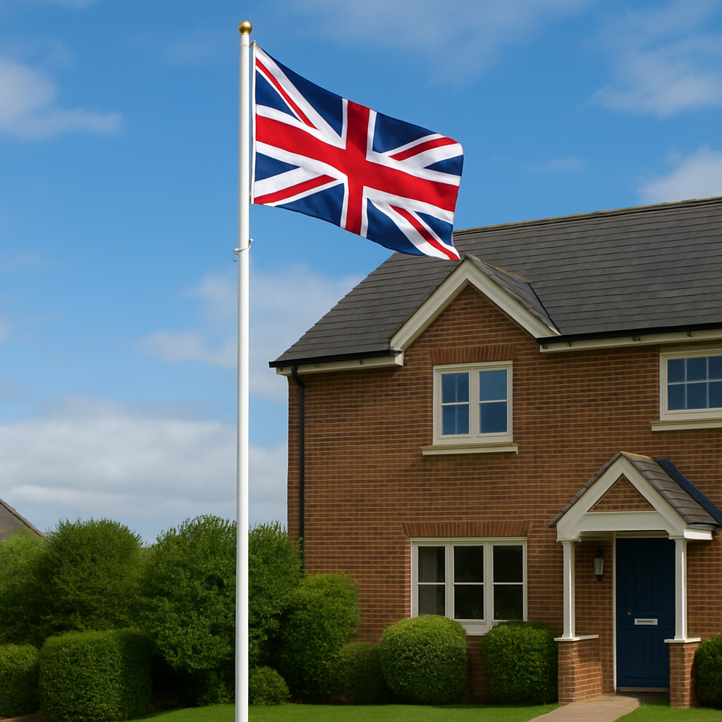 Union Jack flag flying on a tall white aluminium flagpole in front of a red brick house with a well-kept garden on a sunny day.
