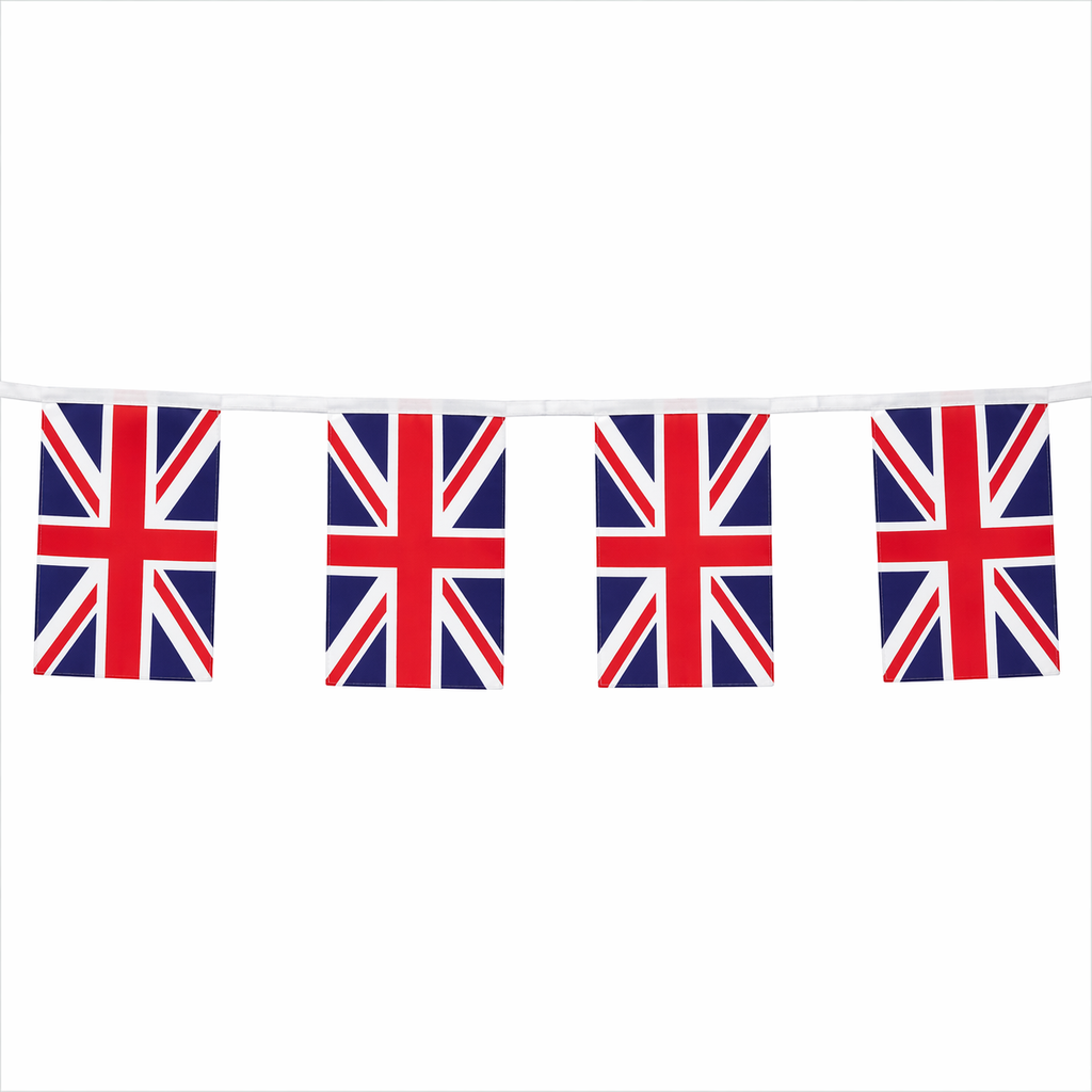String of Union Jack flags on a white background