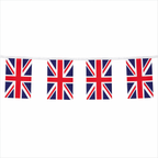 String of Union Jack flags on a white background