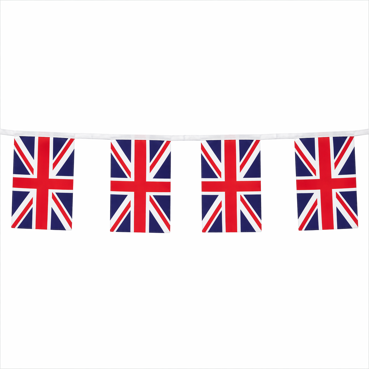 String of Union Jack flags on a white background