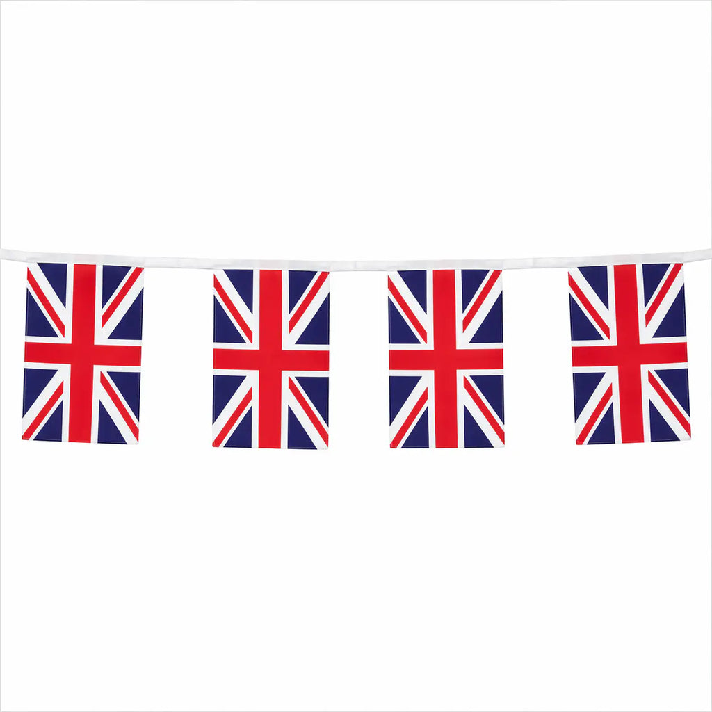 String of Union Jack flags on a white background